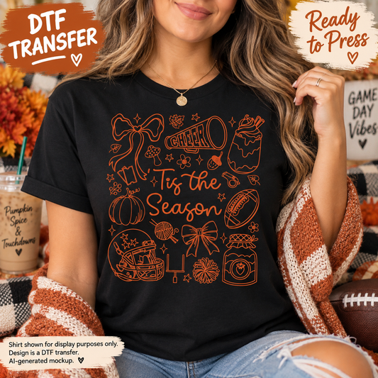 Tis the Season Cheer Football Fall DTF Transfer - Ready to Press 12980 shirt mock up 
