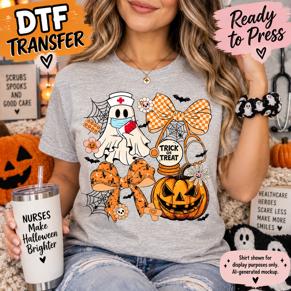 Nurse Ghost Pumpkin Halloween Bow DTF Transfer - Ready to Press 12981 shirt mock up