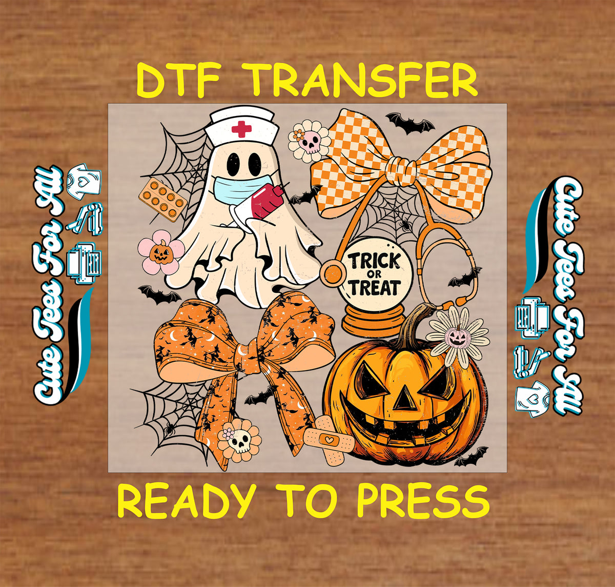 Nurse Ghost Pumpkin Halloween Bow DTF Transfer - Ready to Press 12981 digital mock up