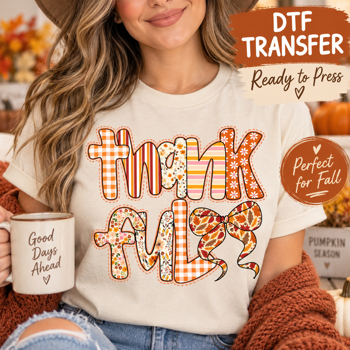 Thankful Fall Floral Letters and Bow DTF Transfer - Ready to Press 12984 shirt mock up