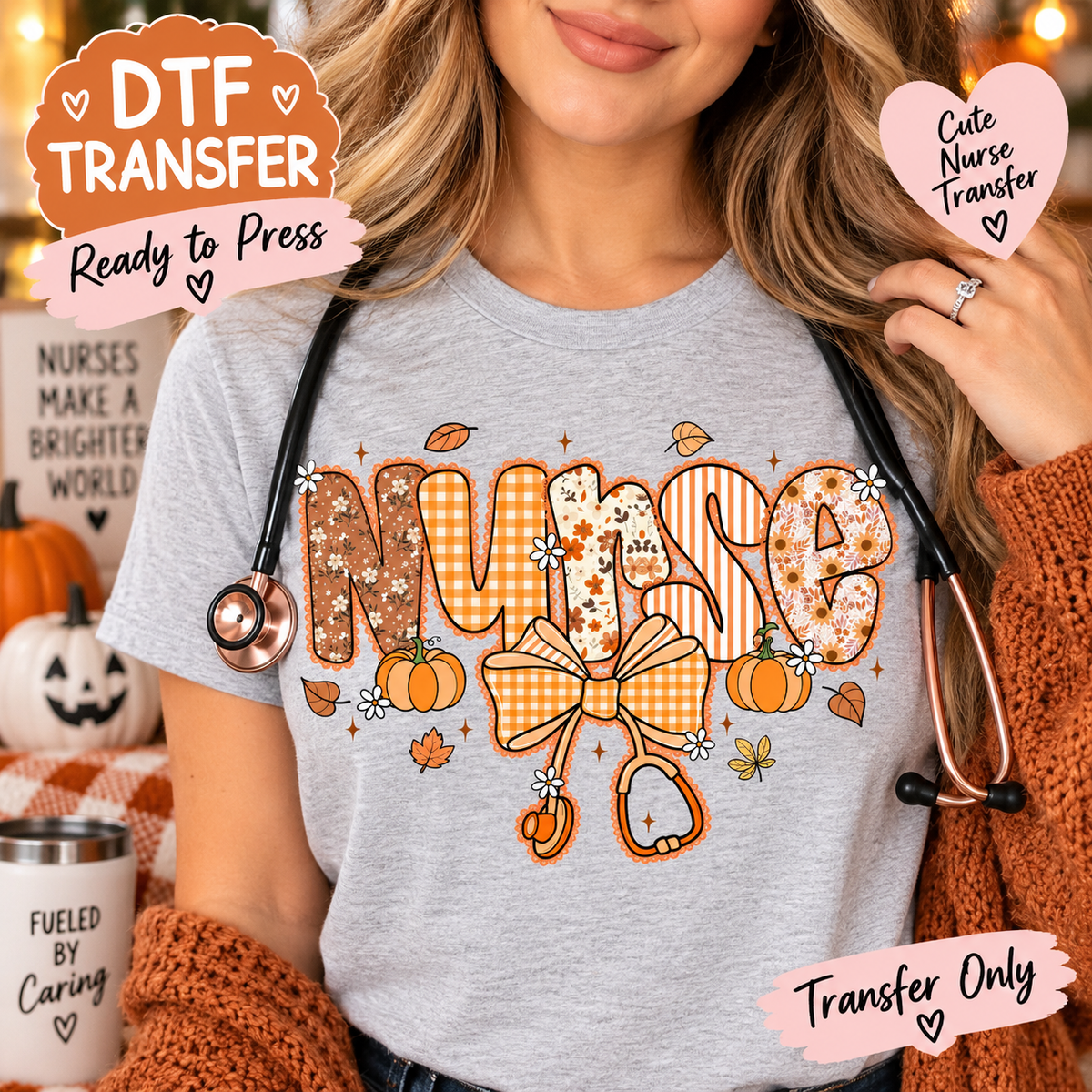 Nurse Fall Pumpkin Stethoscope Bow DTF Transfer - Ready to Press 12988 shirt mock up 