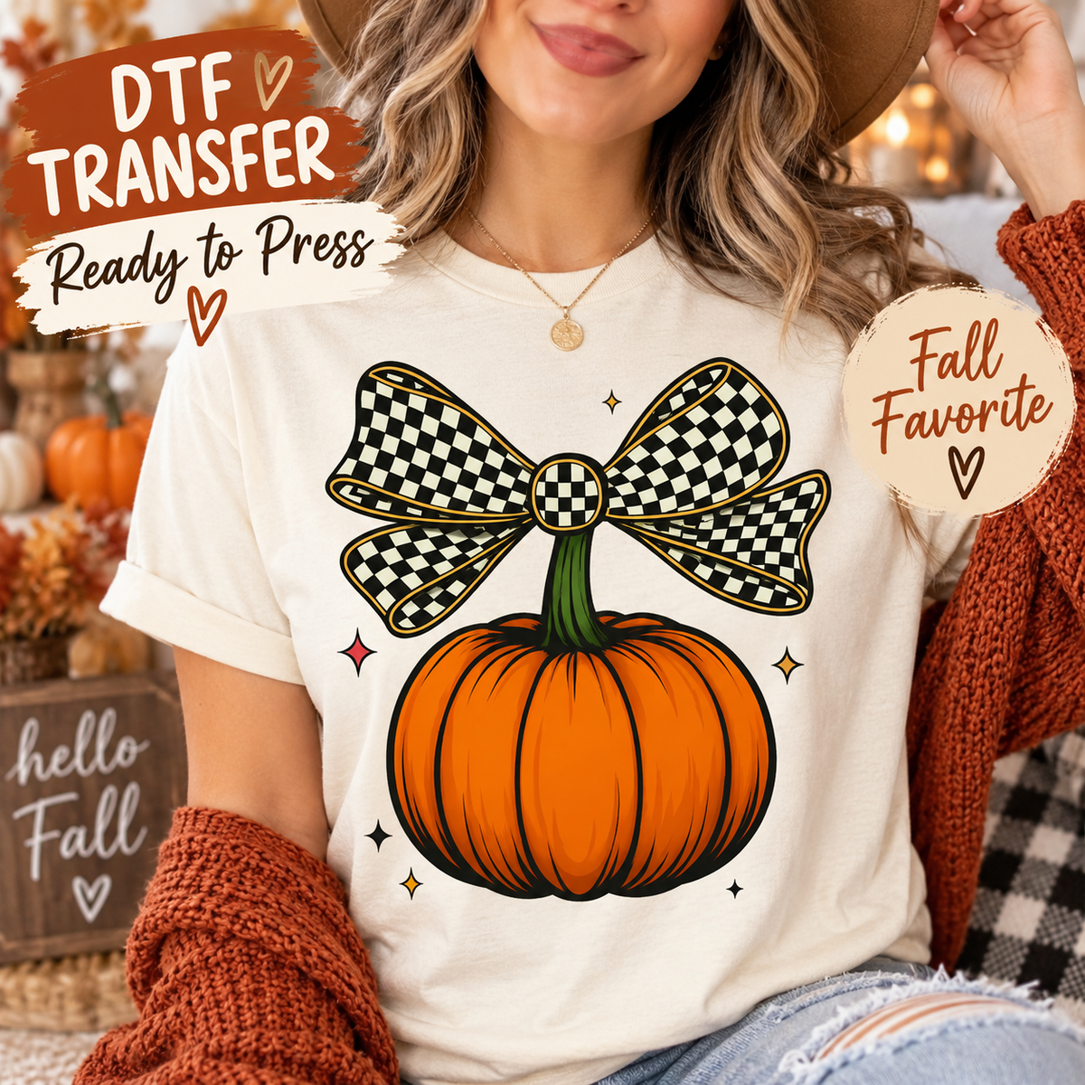 Pumpkin Black Checkered Bow DTF Transfer - Ready to Press 12989 shirt mock up 