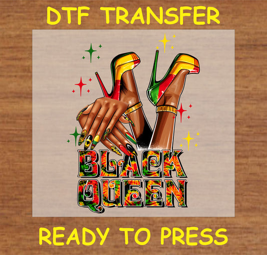 "Black Queen DTF transfer with Afrocentric high heels, hands, and bold text"