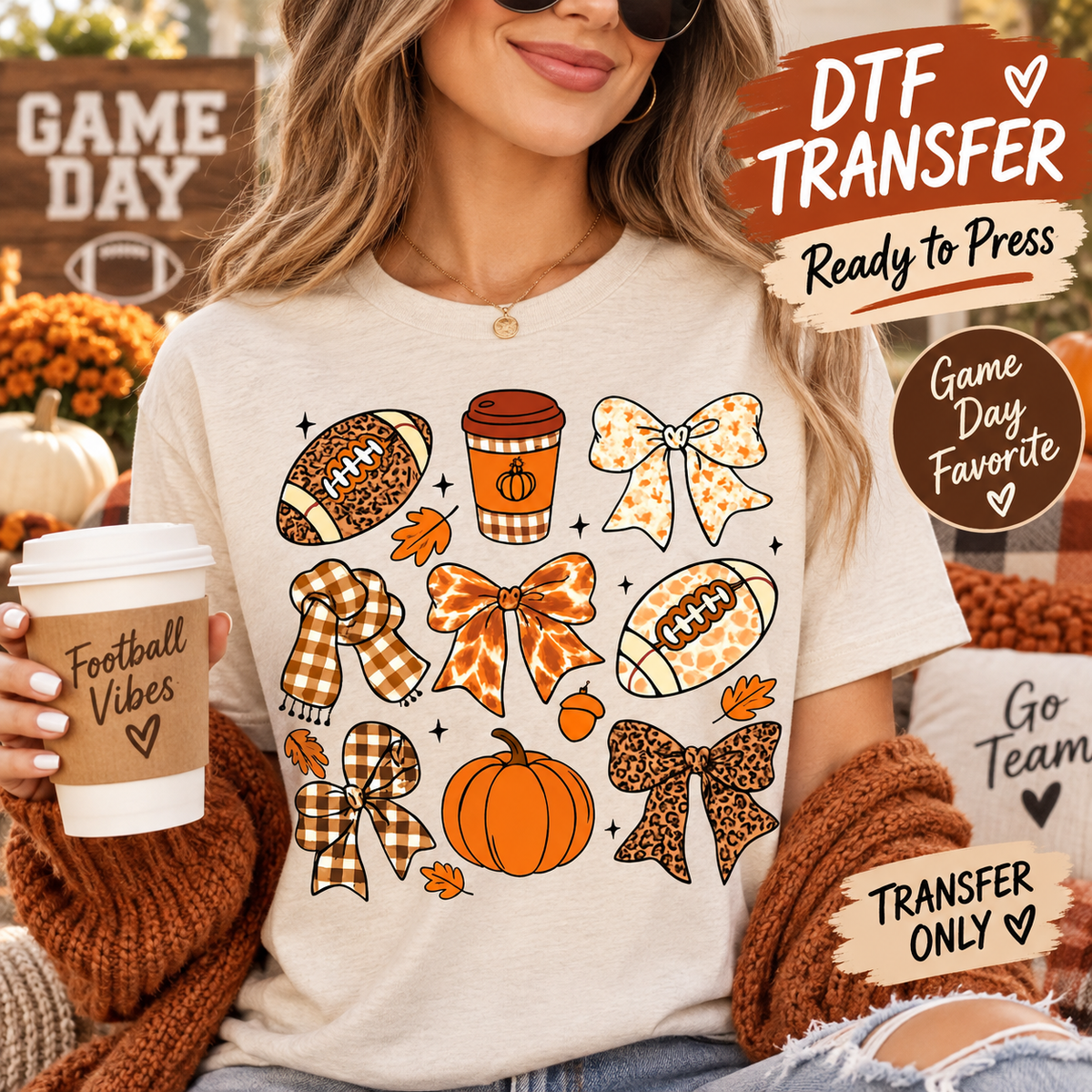 Fall Football Pumpkin Bow Collage DTF Transfer - Ready to Press 12990 shirt mock up