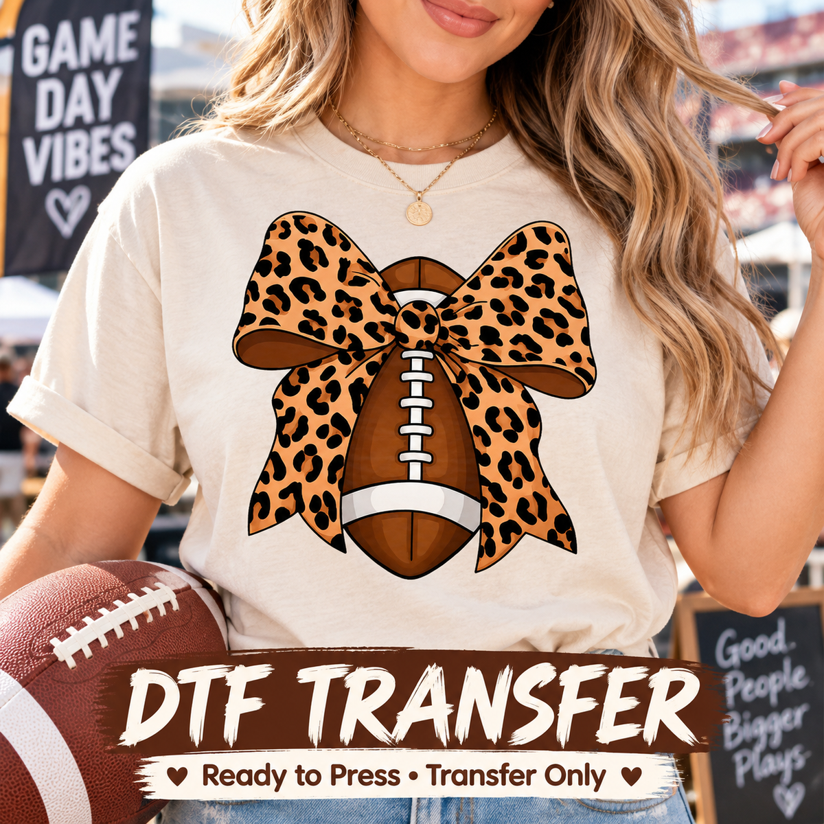 Football Leopard Bow DTF Transfer - Ready to Press 12991 shirt mock up