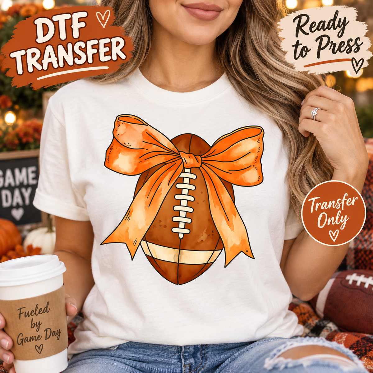 Football Orange Bow DTF Transfer - Ready to Press 12992 white shirt mock up