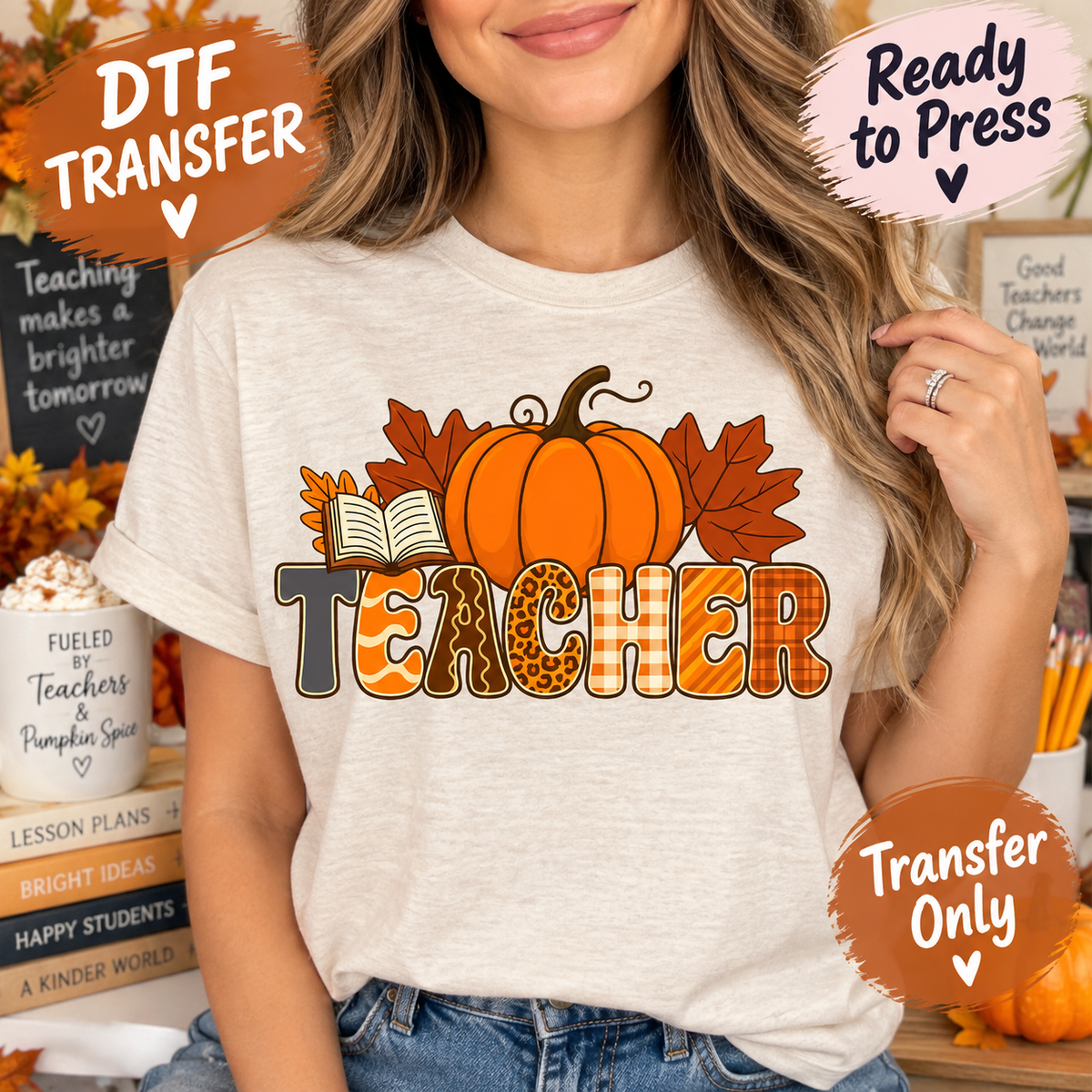 Teacher Fall Pumpkin and Book DTF Transfer - Ready to Press 12993