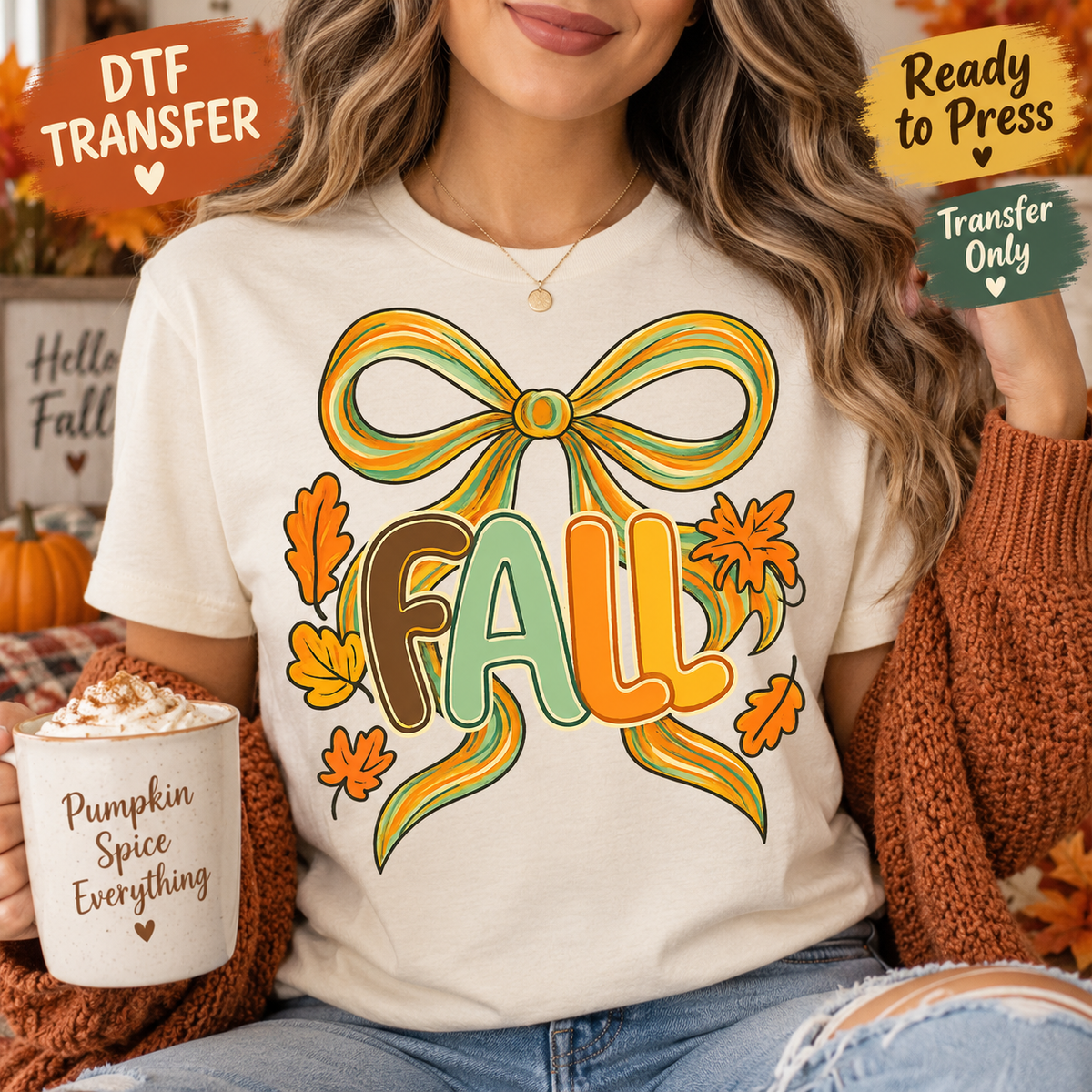 Fall Retro Bow and Leaves DTF Transfer - Ready to Press 12994
