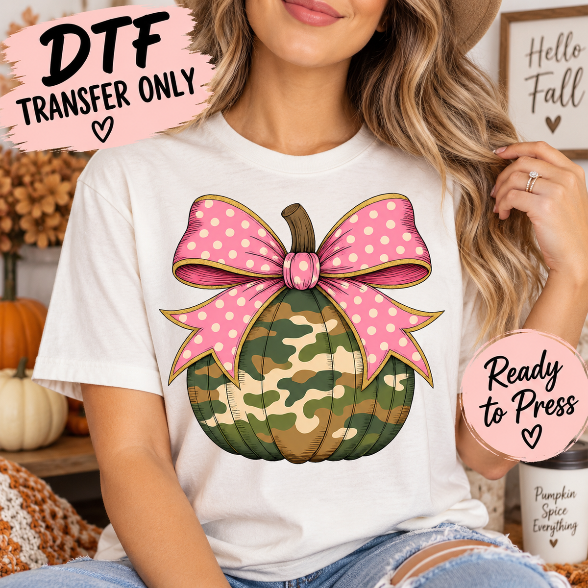 Fall Camo Pumpkin Pink Polka Dot Bow DTF Transfer - Ready to Press 12996 shirt mock up