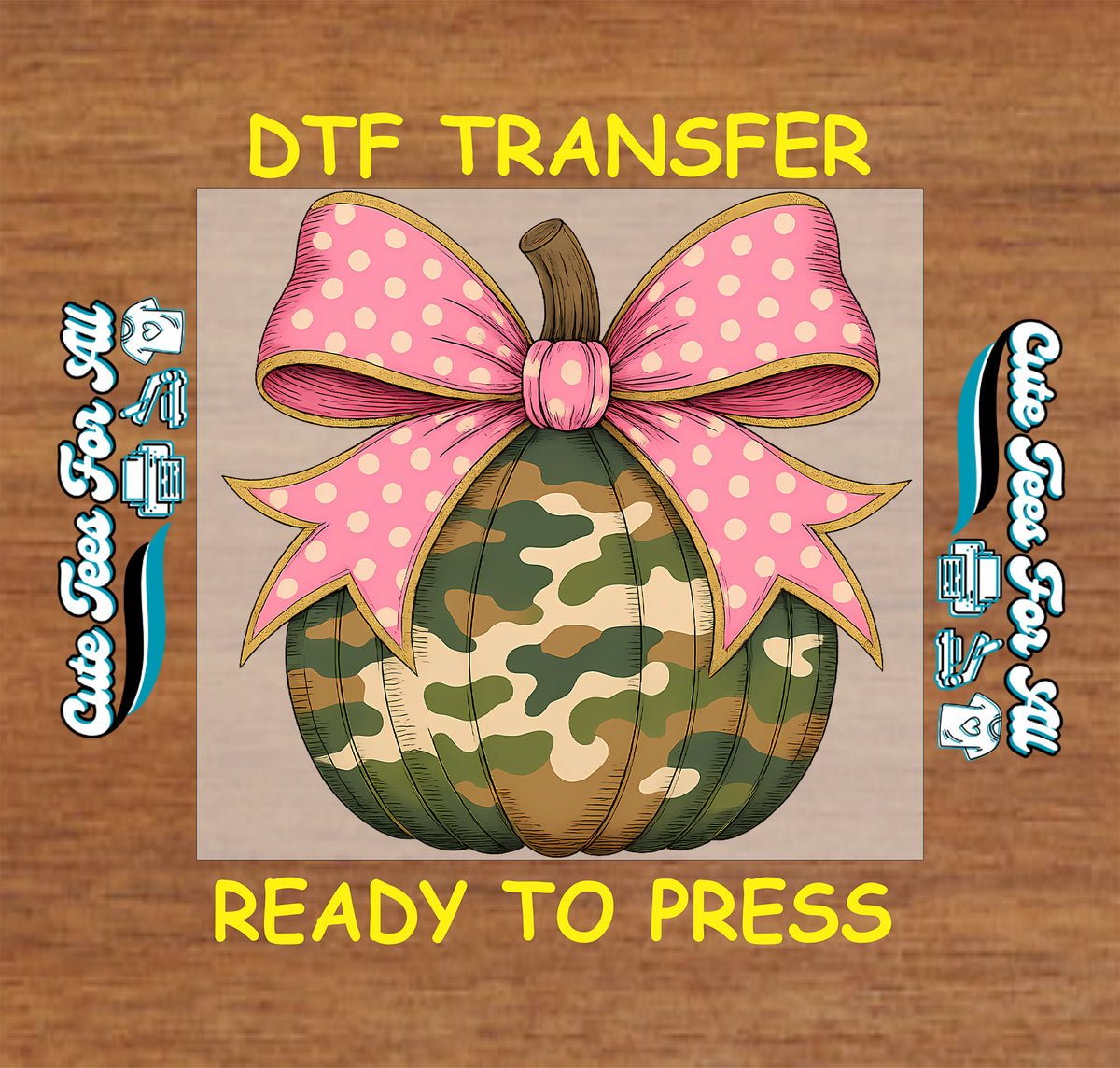 Fall Camo Pumpkin Pink Polka Dot Bow DTF Transfer - Ready to Press 12996 mock up