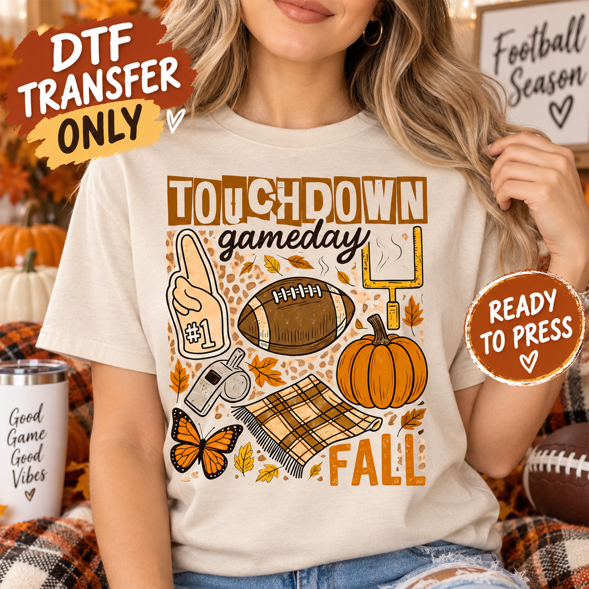 Fall Football Touchdown Game Day Collage DTF Transfer - Ready to Press shirt mock up 