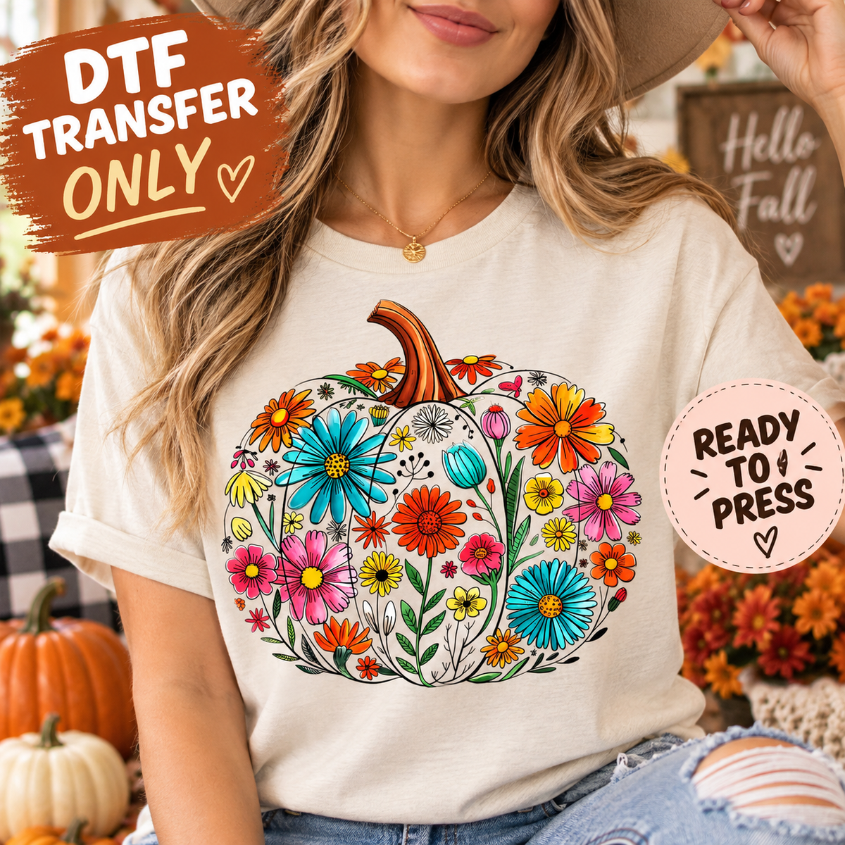 Fall Colorful Floral Pumpkin DTF Transfer - Ready to Press shirt mock up 