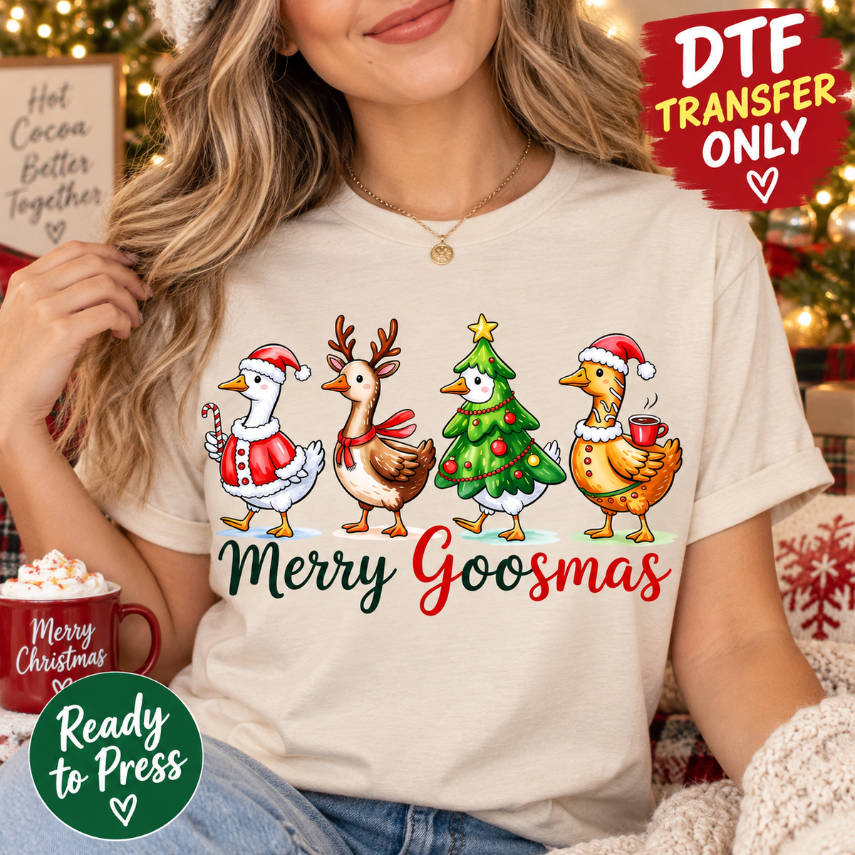 Funny Christmas Merry Goosmas Holiday Geese DTF Transfer - Ready to Press shirt mock up 