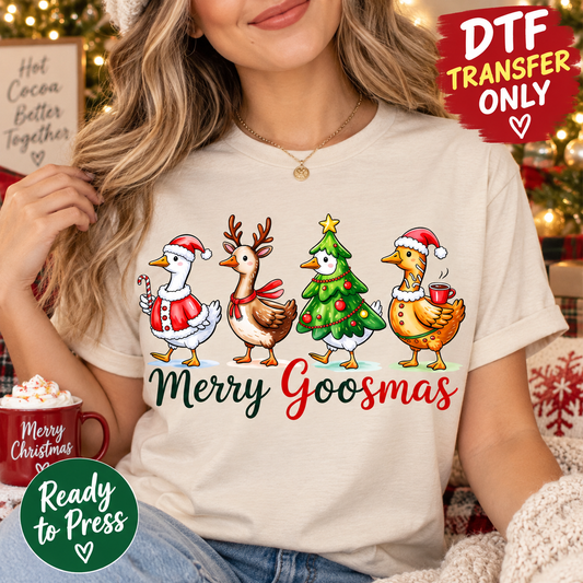 Funny Christmas Merry Goosmas Holiday Geese DTF Transfer - Ready to Press shirt mock up 