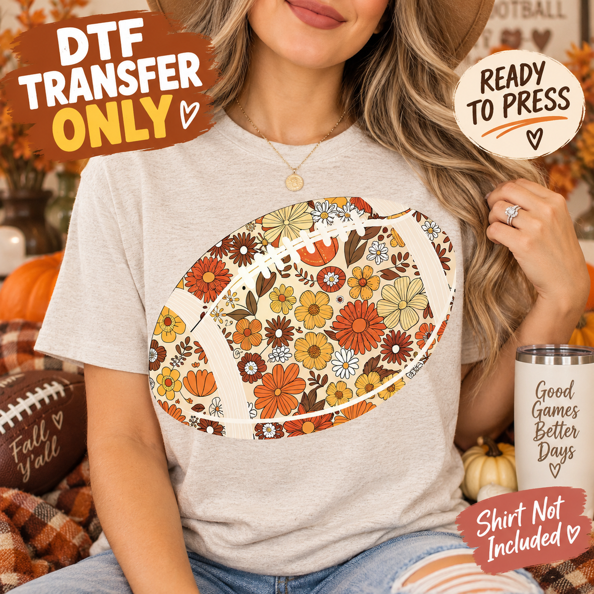 Fall Football Floral Retro Ball DTF Transfer - Ready to Press shirt mock up