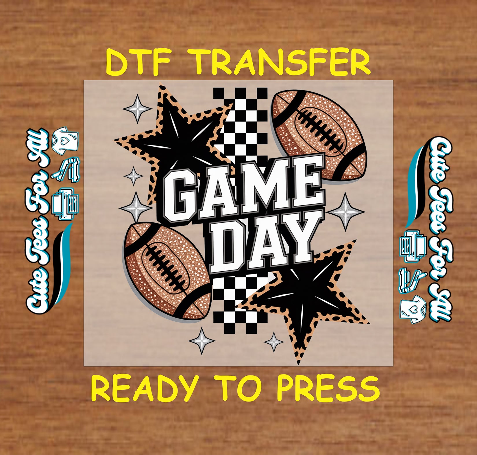 Football game day graphic with star accents and checkerboard details, ready to press dtf iron on heat transfer