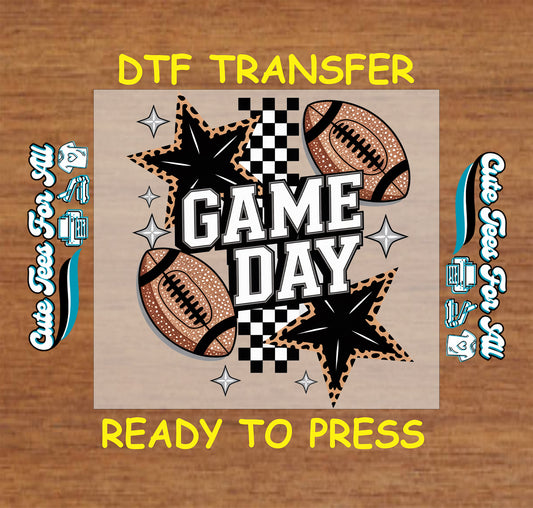 Football game day graphic with star accents and checkerboard details, ready to press dtf iron on heat transfer