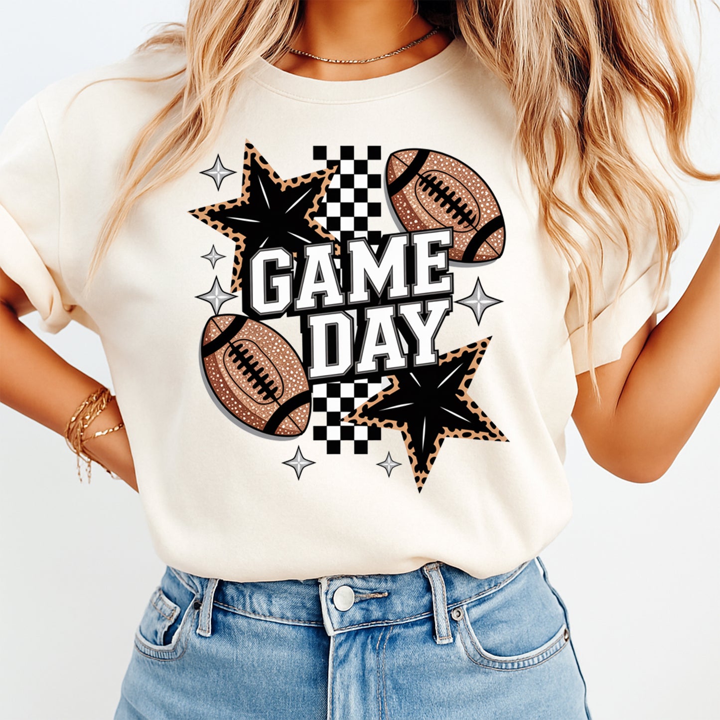 Cream t shirt mockup featuring football game day graphic with stars and bold lettering