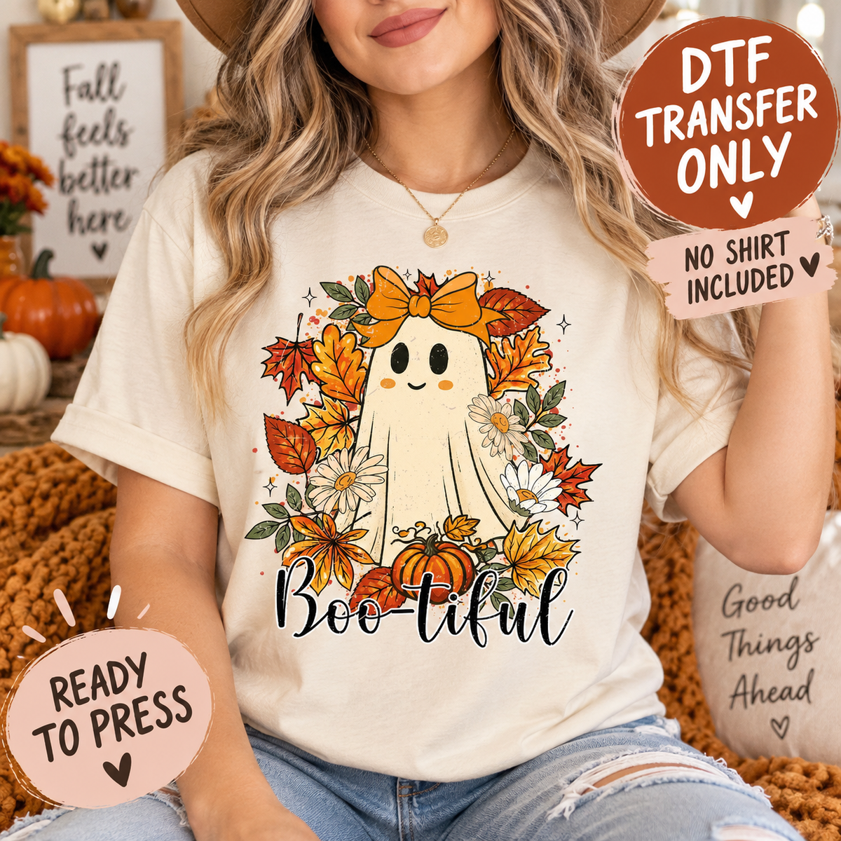 Cute Halloween Boo-tiful Ghost Fall Floral DTF Transfer - Ready to Press shirt mock up