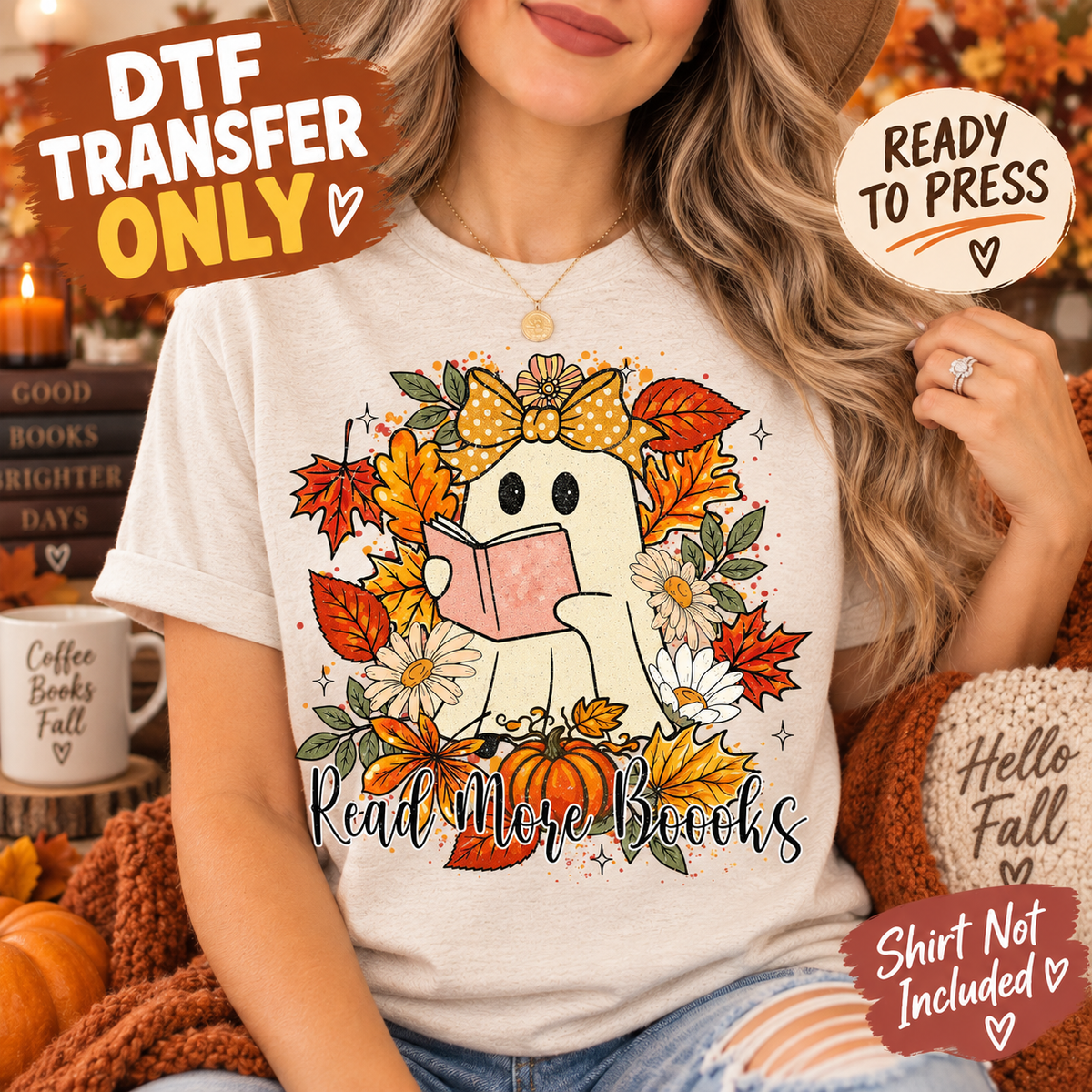 Halloween Bookish Ghost Read More Books DTF Transfer - Ready to Press shirt mock up