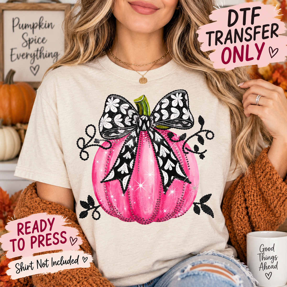 Fall Pink Pumpkin Black Floral Bow DTF Transfer - Ready to Press shirt mock up