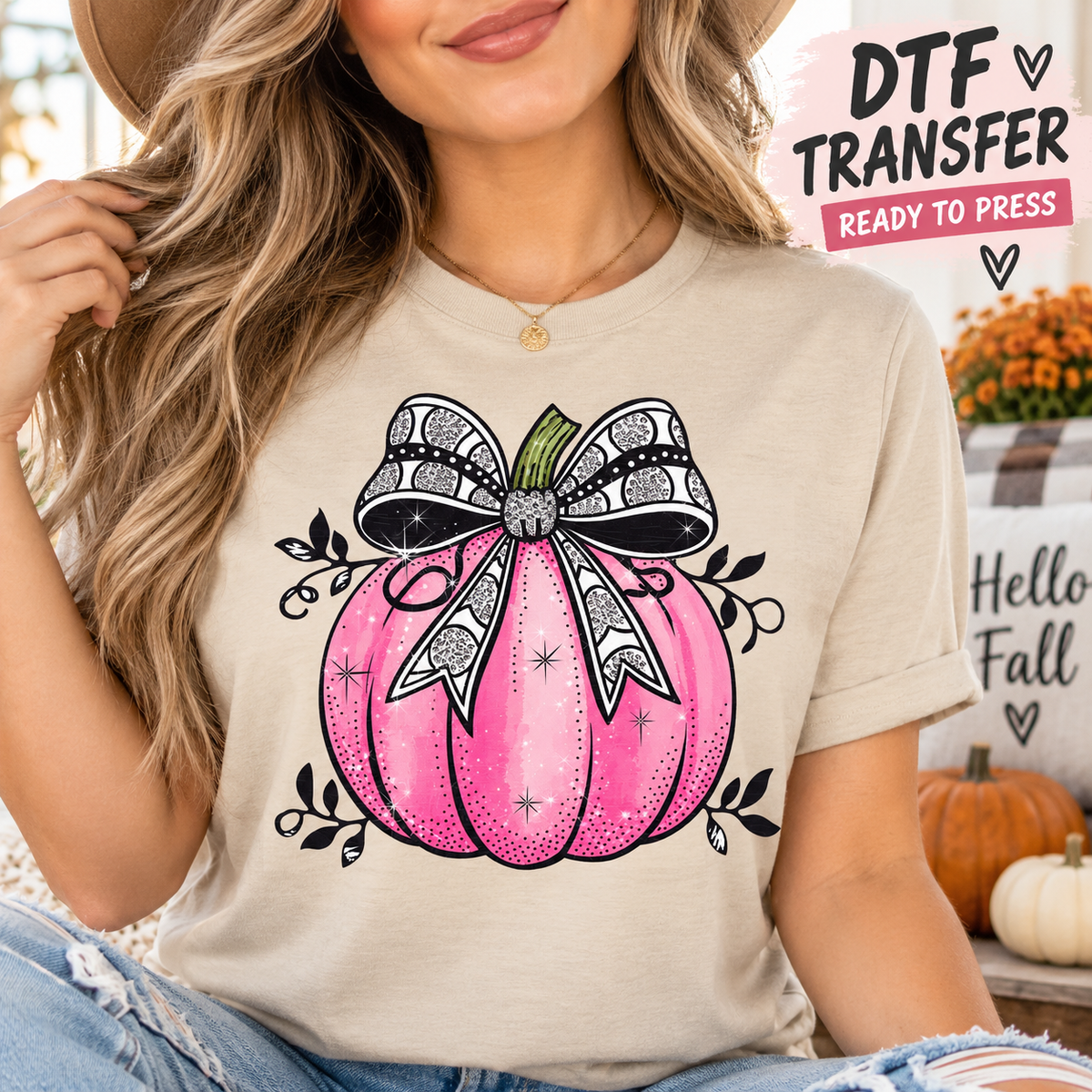 Fall Pink Pumpkin Black Patterned Bow DTF Transfer - Ready to Press shirt mock up