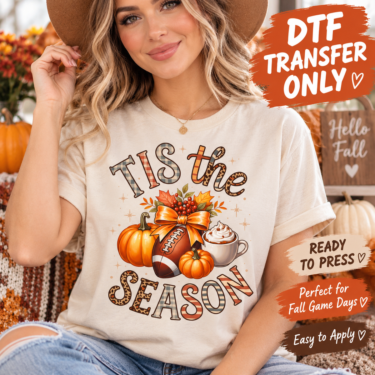 Fall Football Tis the Season Pumpkin Coffee DTF Transfer - Ready to Press shirt mock up