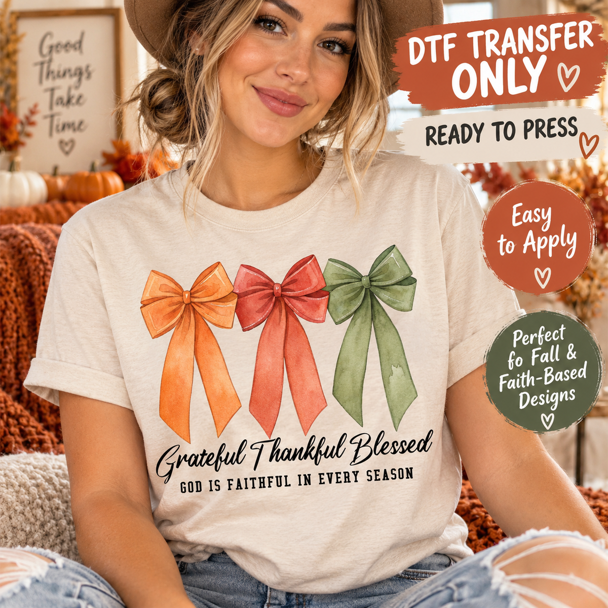 Christian Fall Grateful Thankful Blessed Bows DTF Transfer - Ready to Press shirt mock up