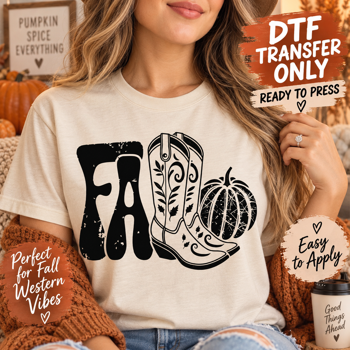 Fall Western Cowboy Boots Pumpkin DTF Transfer - Ready to Press shirt mock up