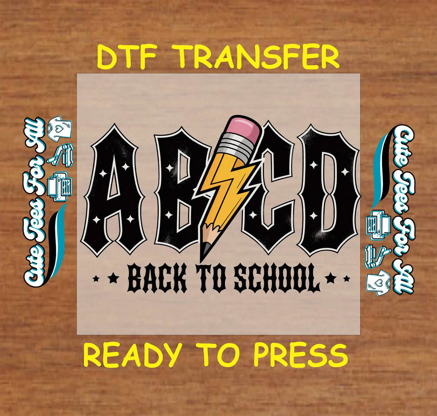 ABCD back to school graphic with pencil lightning bolt and bold lettering, ready to press dtf iron on heat transfer