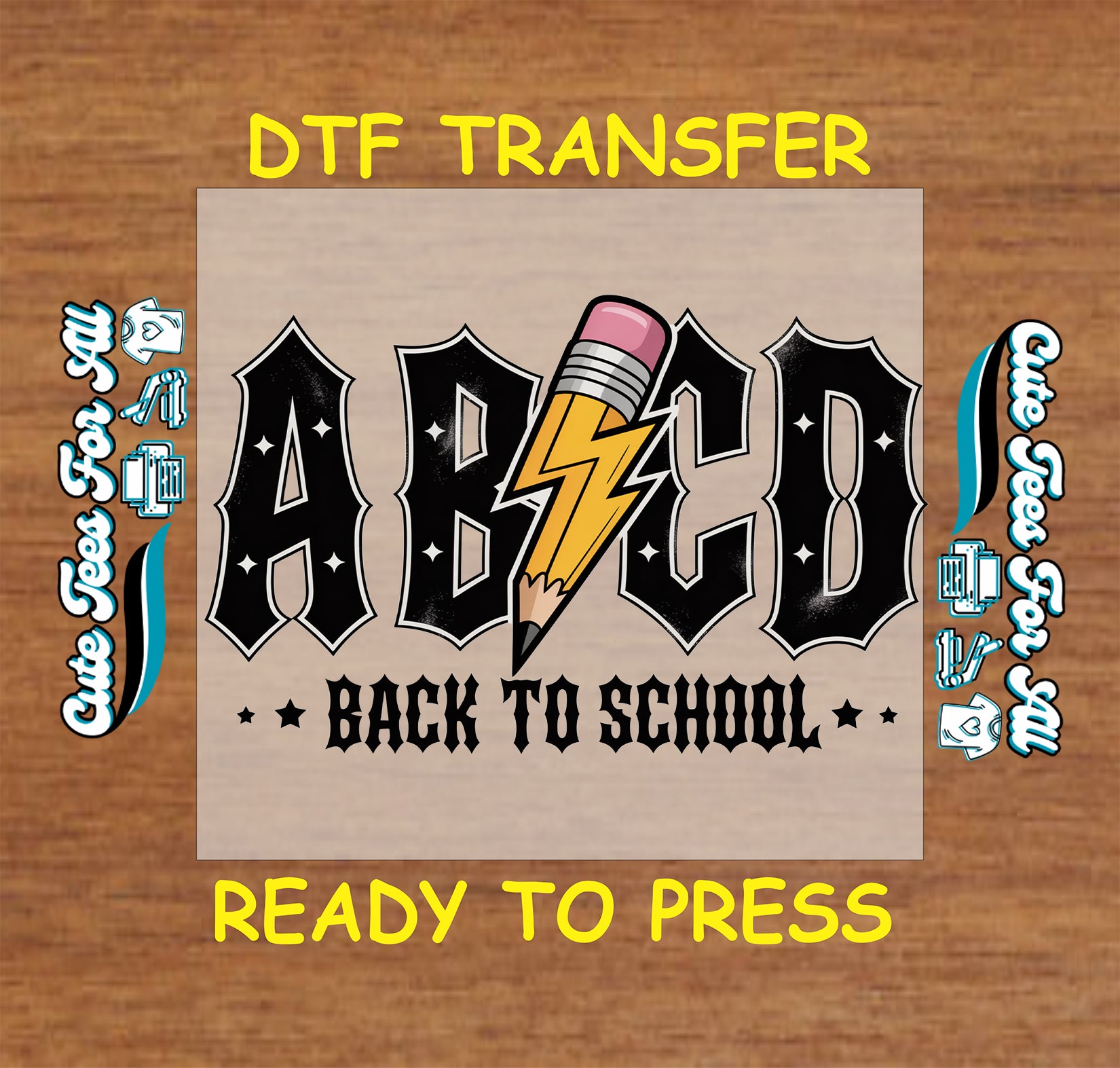 ABCD back to school graphic with pencil lightning bolt and bold lettering, ready to press dtf iron on heat transfer