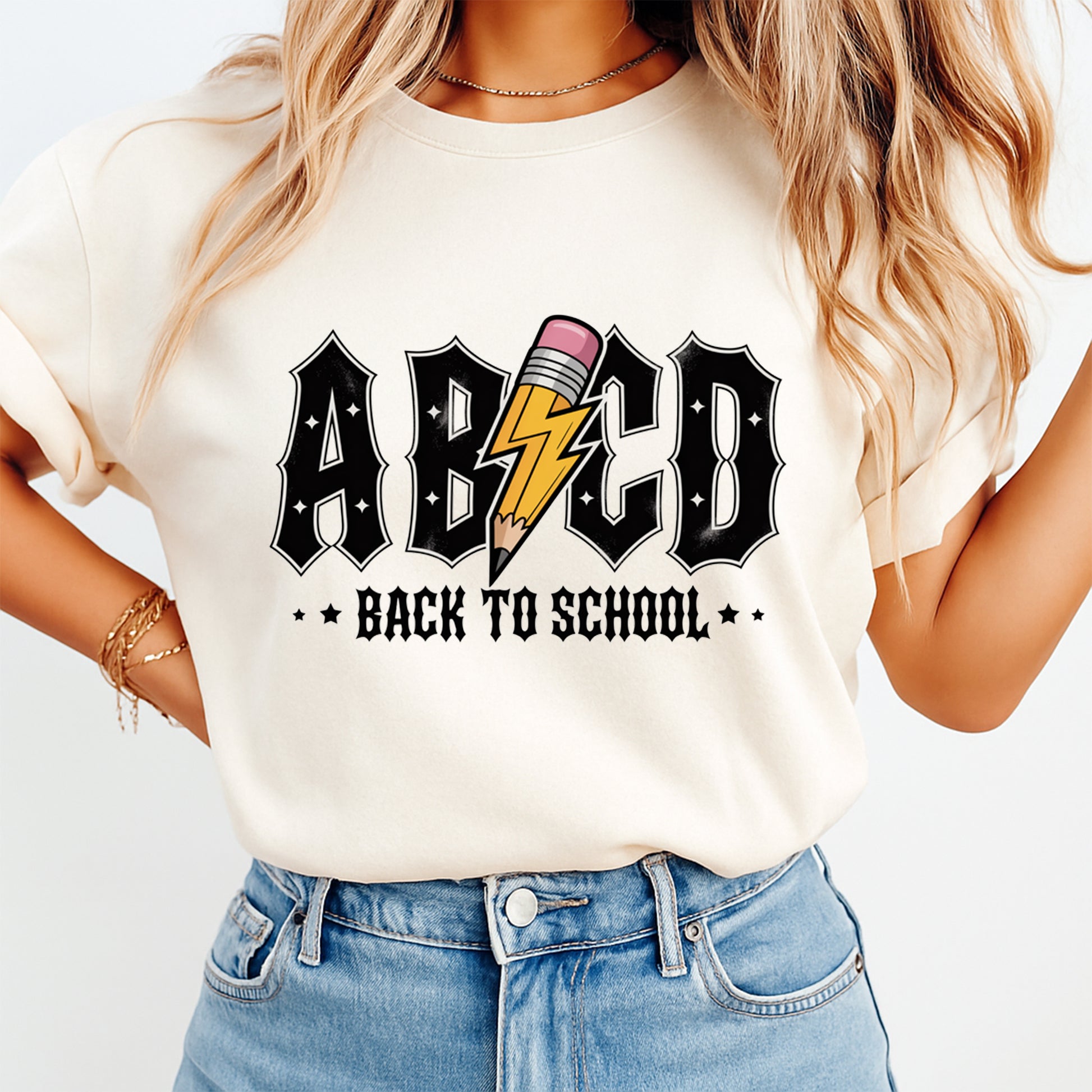 Cream t shirt mockup featuring ABCD back to school pencil graphic with bold black typography