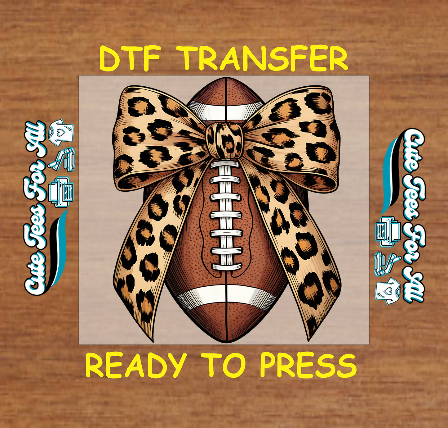 Football leopard bow artwork ready to press dtf iron on heat transfer featuring a realistic football and animal print bow