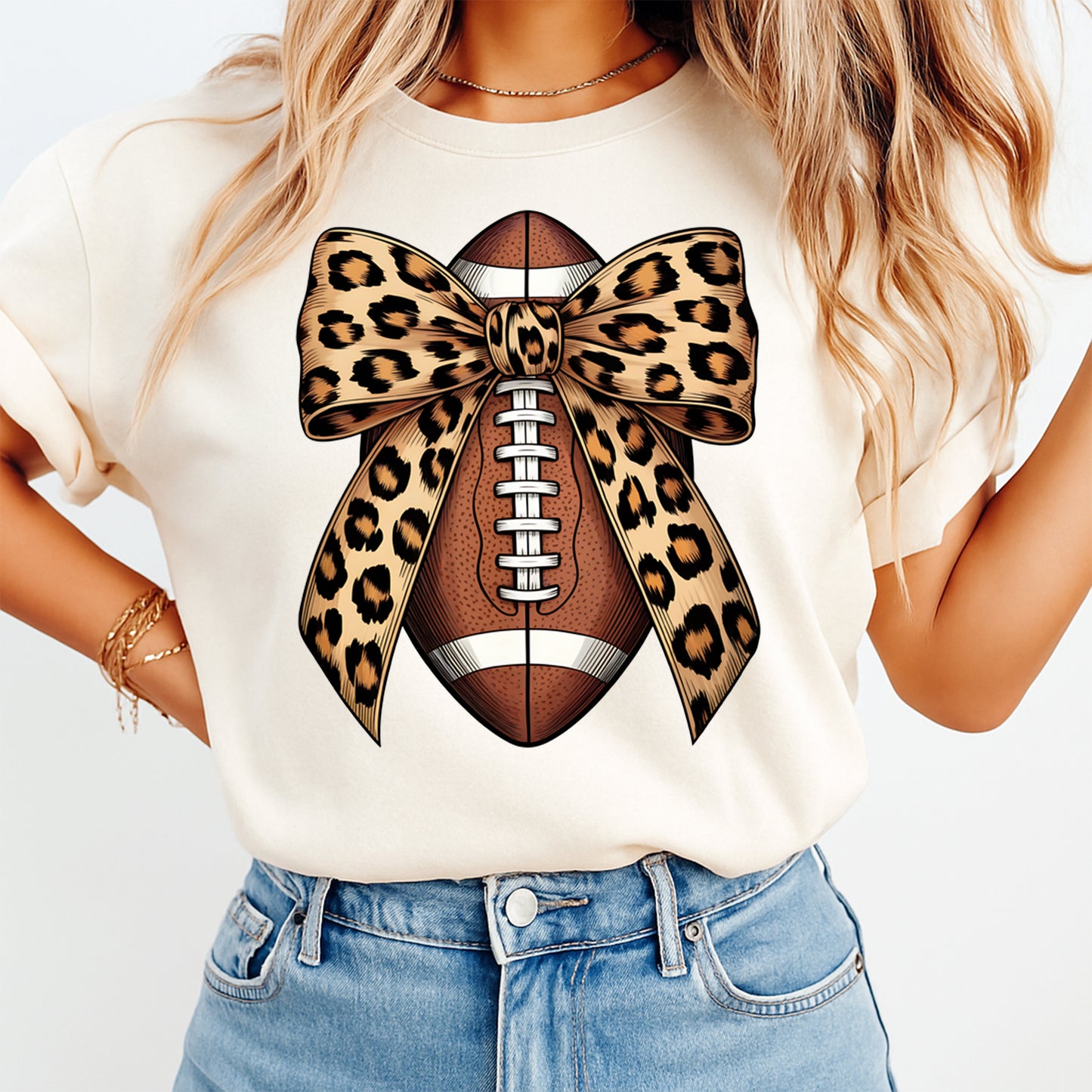 Football leopard bow graphic shown on shirt mockup for game day football season apparel