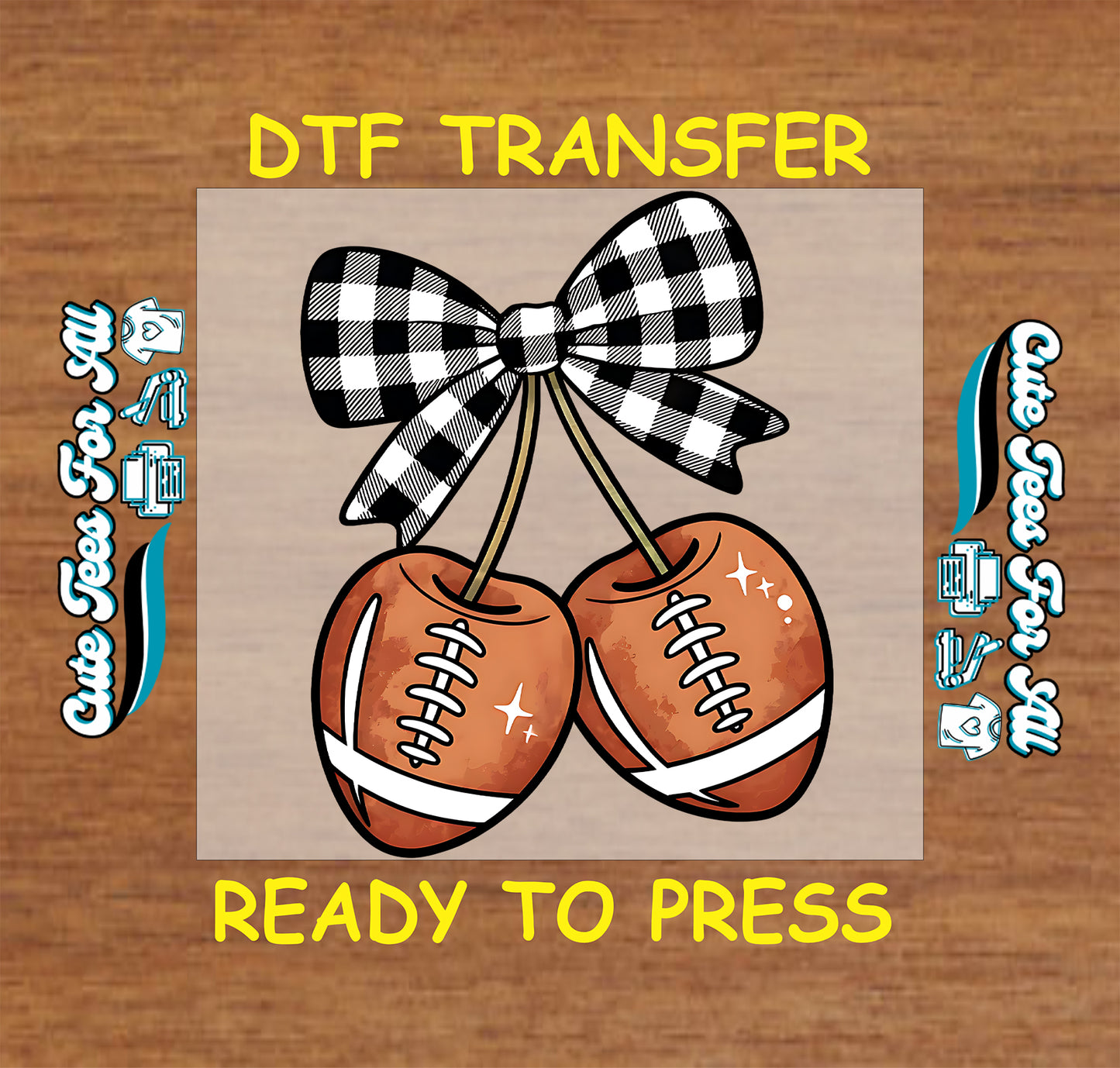 Football cherry bow artwork ready to press dtf iron on heat transfer featuring two footballs styled as cherries with a buffalo plaid bow