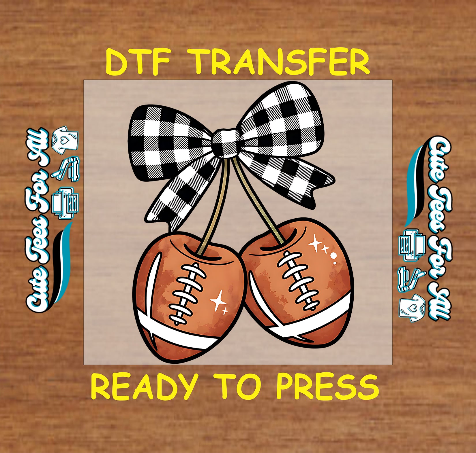 Football cherry bow artwork ready to press dtf iron on heat transfer featuring two footballs styled as cherries with a buffalo plaid bow