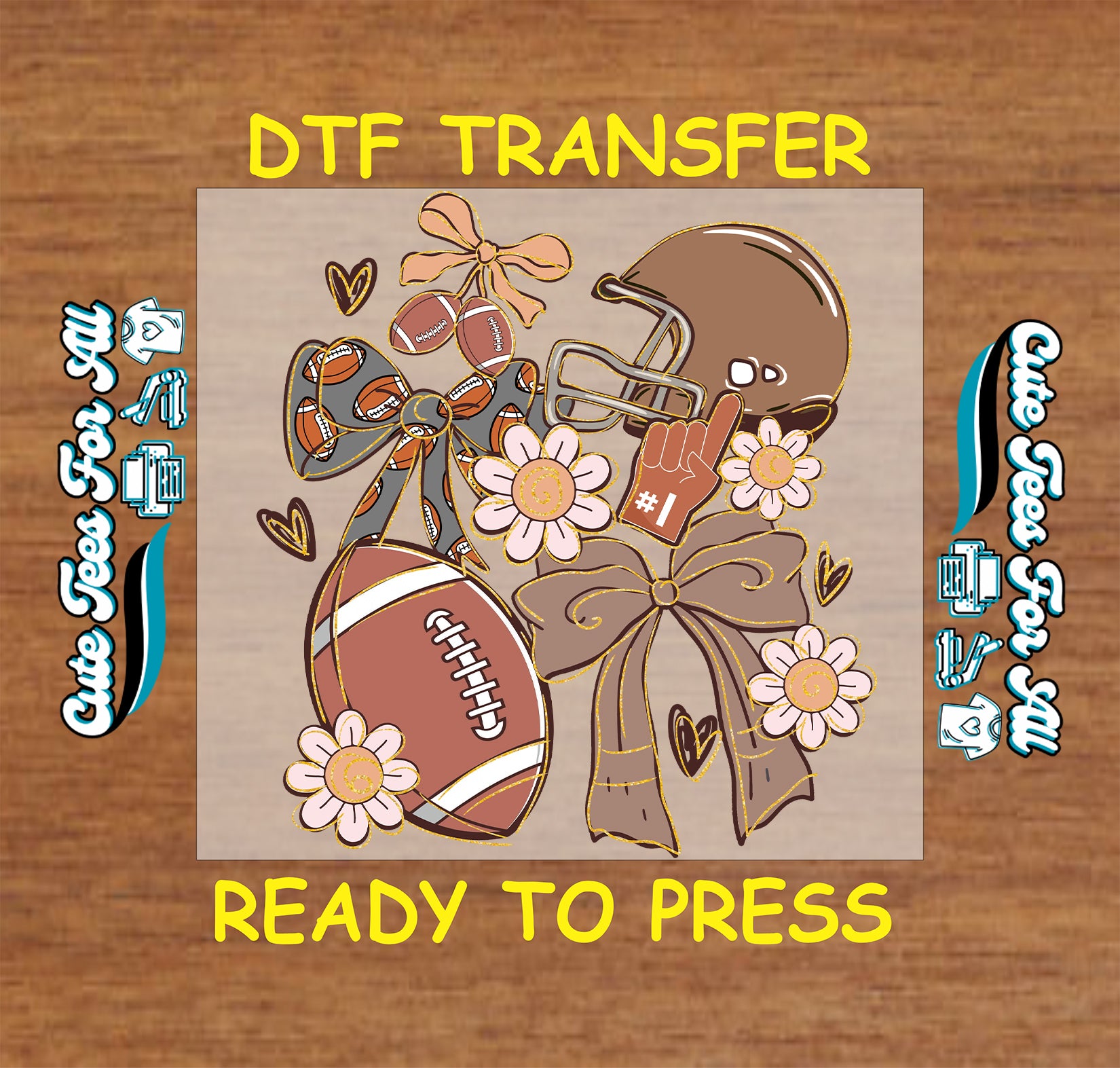 Football helmet bow floral artwork ready to press dtf iron on heat transfer featuring footballs daisies bows and game day elements