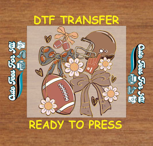 Football helmet bow floral artwork ready to press dtf iron on heat transfer featuring footballs daisies bows and game day elements