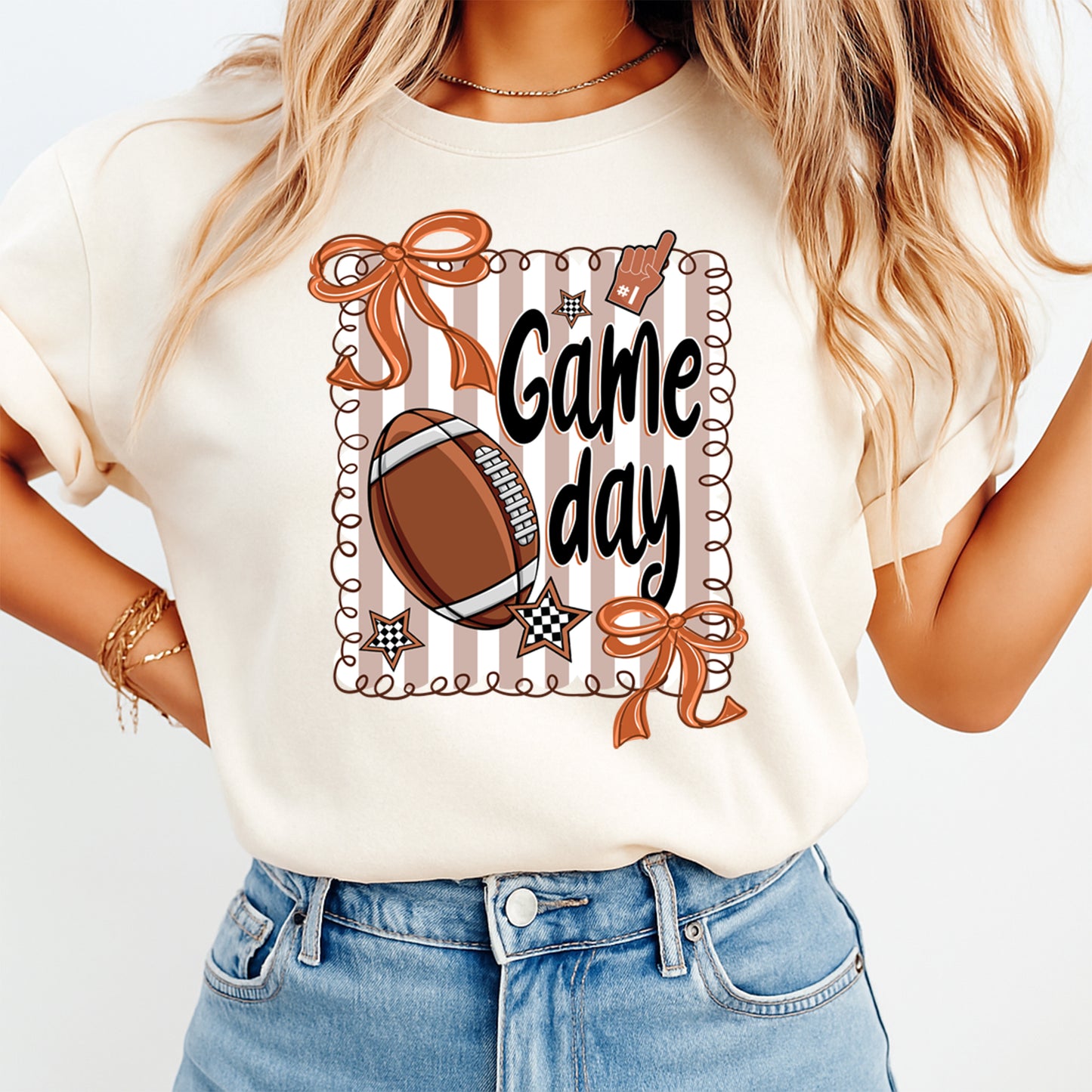 Game day football bow graphic shown on shirt mockup for football season and game day apparel