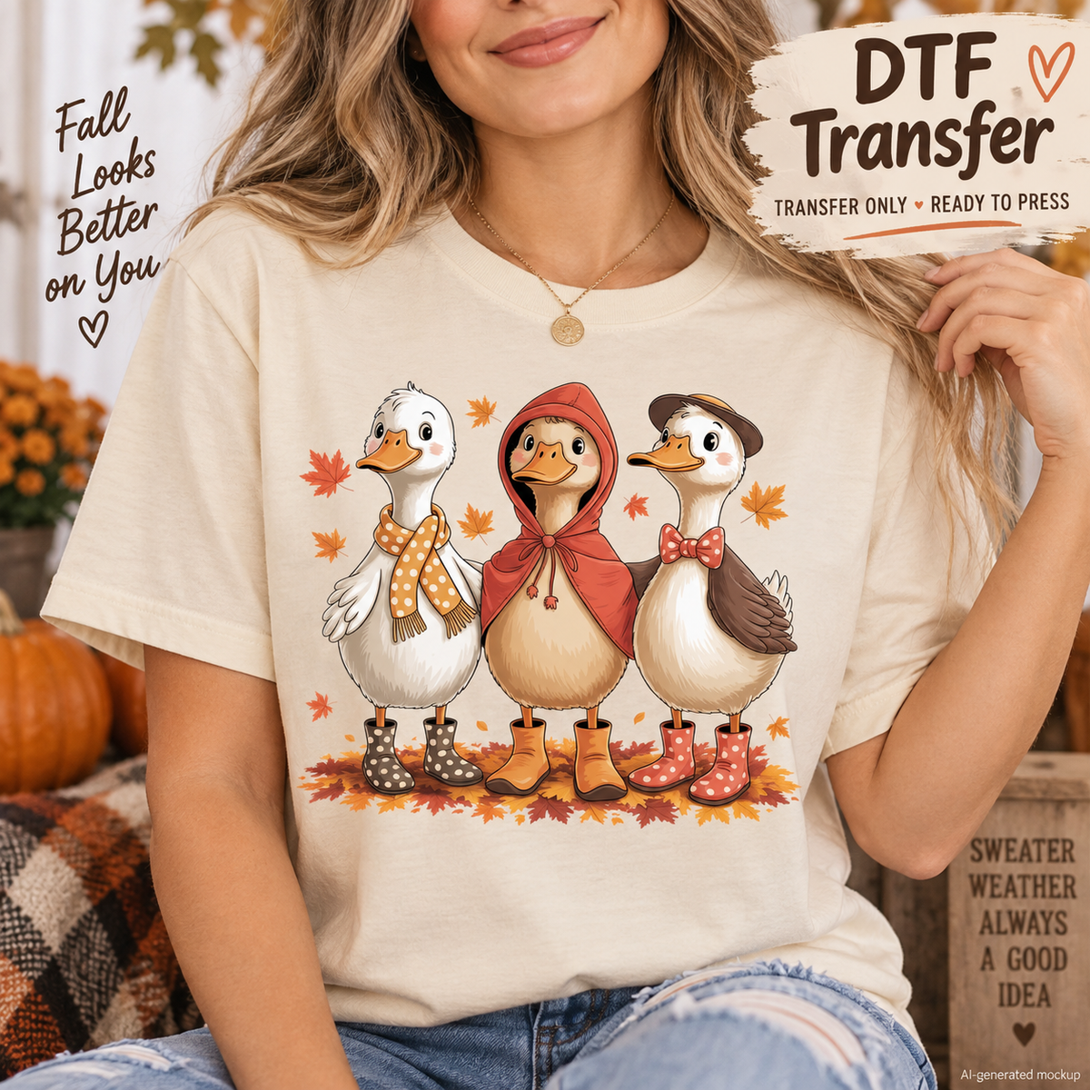 Fall Geese Rain Boots and Autumn Leaves DTF Transfer - Ready to Press shirt mock up 