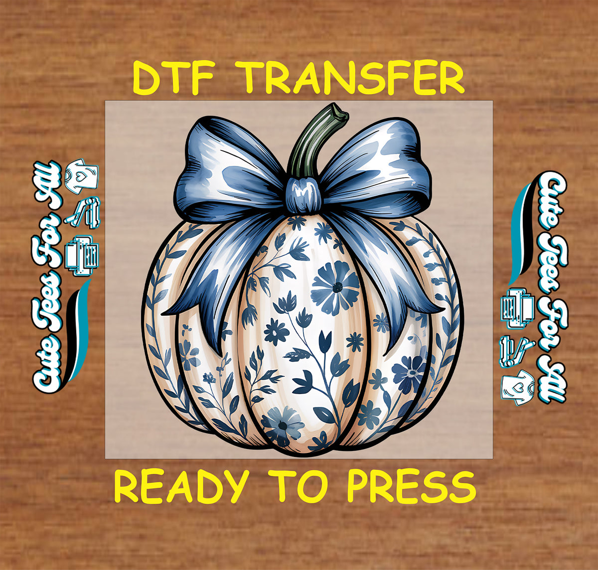 Fall Blue Floral Pumpkin Bow DTF Transfer - Ready to Press mock up
