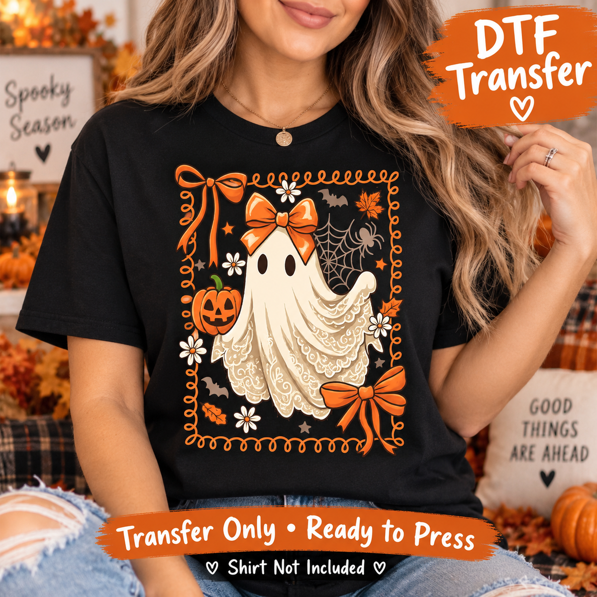Cute Halloween Ghost Orange Bow Pumpkin DTF Transfer - Ready to Press shirt mock up
