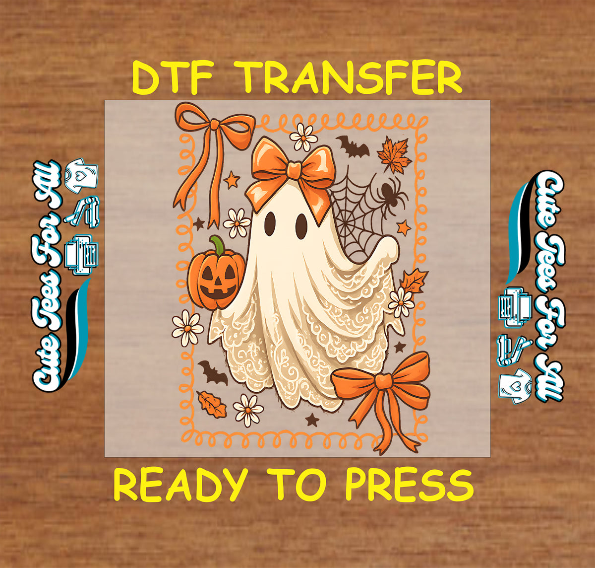 Cute Halloween Ghost Orange Bow Pumpkin DTF Transfer - Ready to Press mock up 