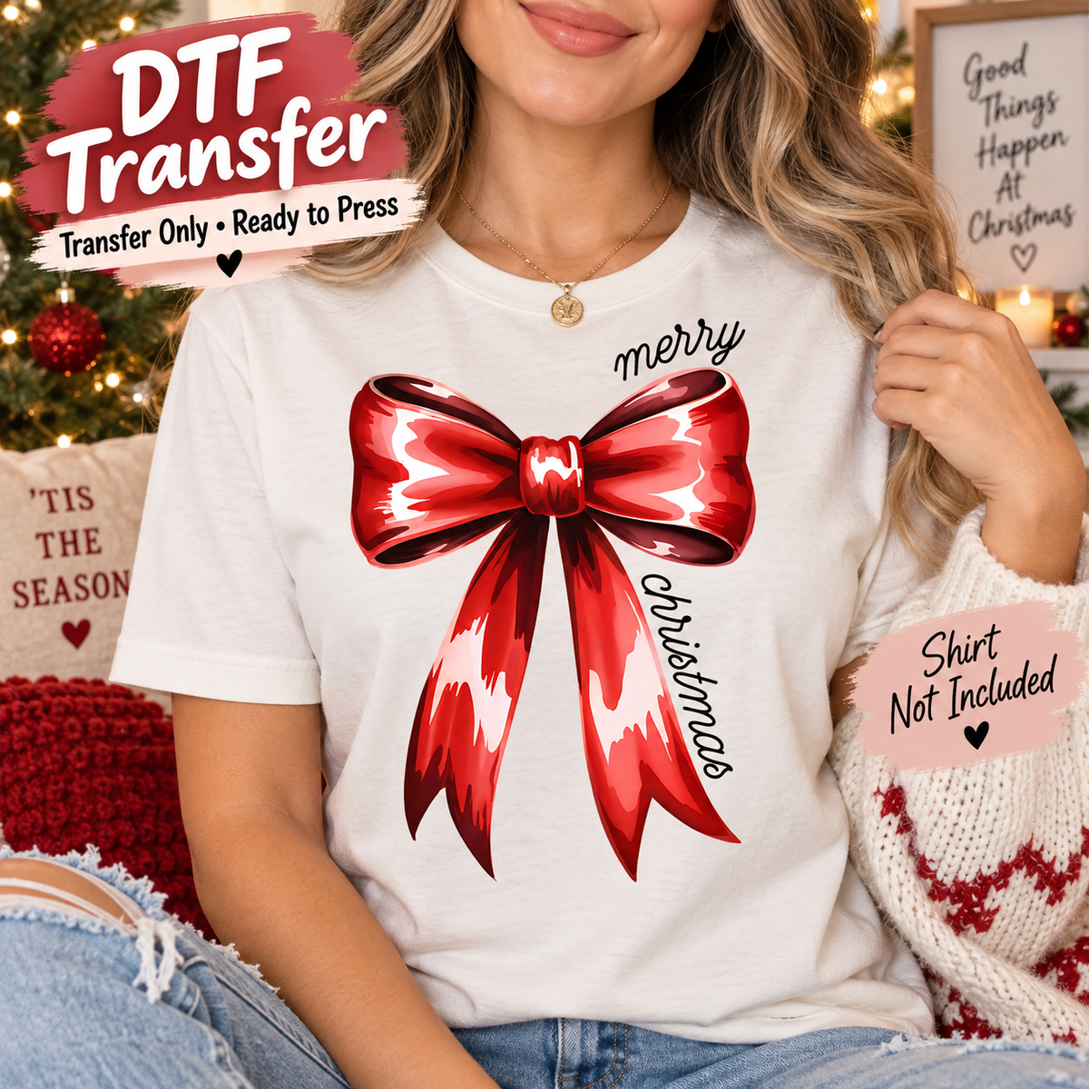 Christmas Merry Red Satin Bow DTF Transfer - Ready to Press shirt mock up 
