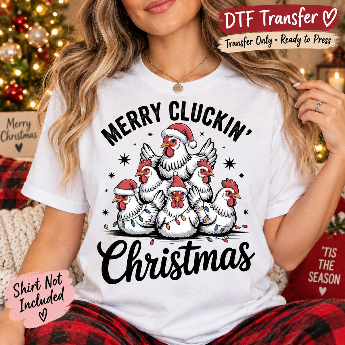 Funny Christmas Merry Cluckin Chicken Flock DTF Transfer - Ready to Press shirt mock up 