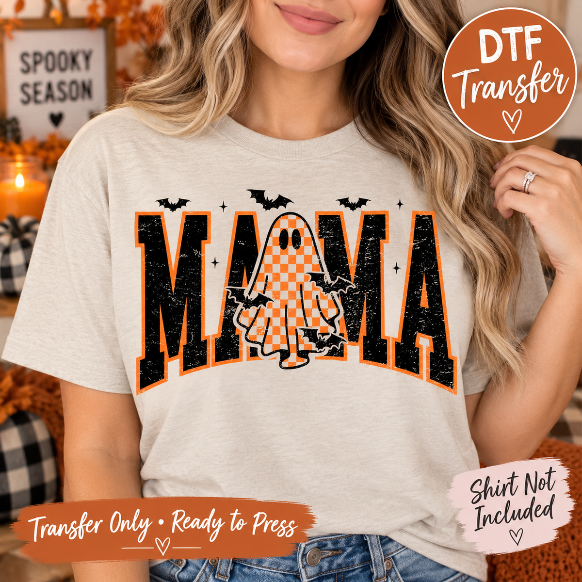 Halloween Mama Ghost Orange Plaid Letters DTF Transfer - Ready to Press shirt mock up