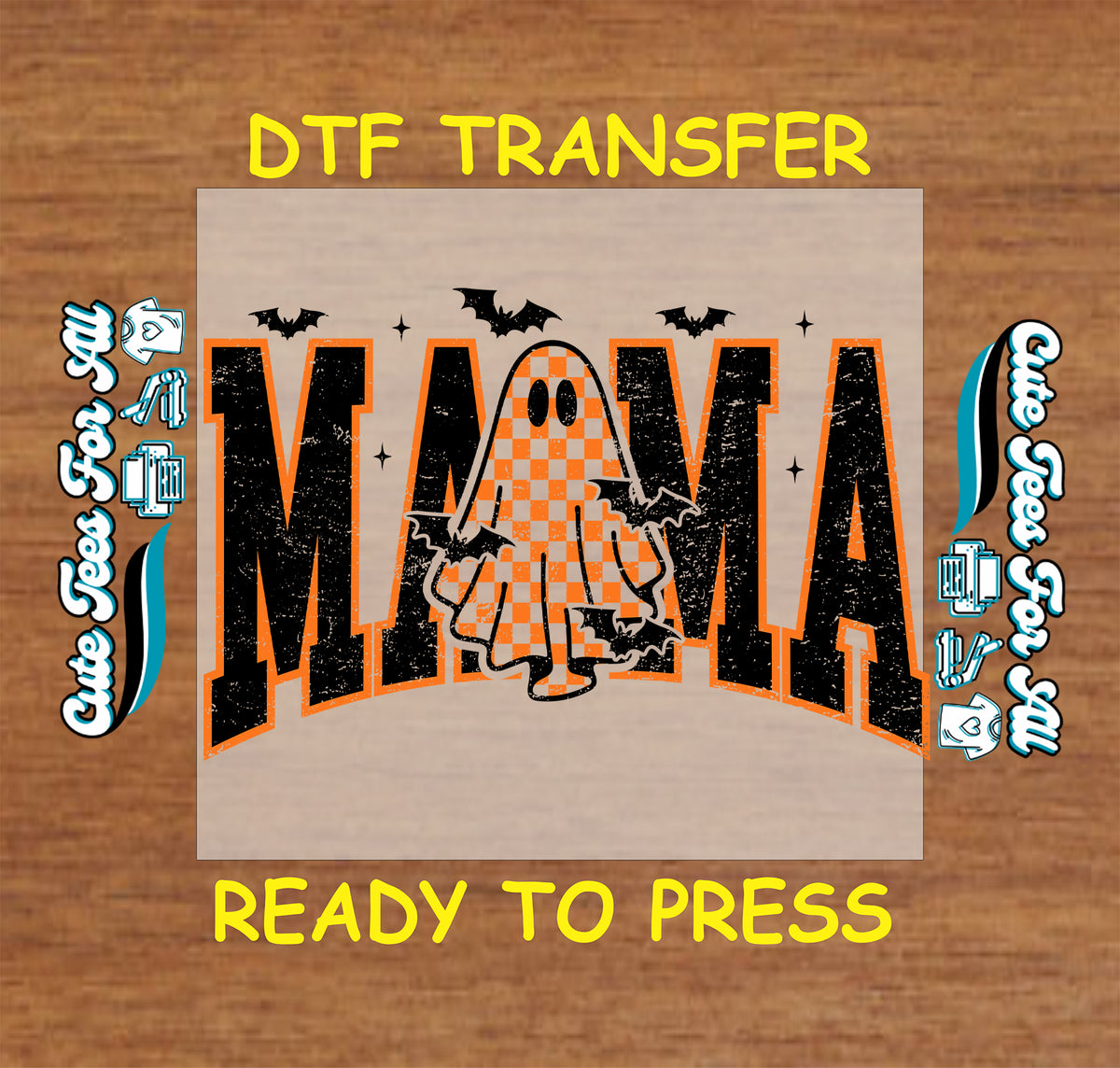Halloween Mama Ghost Orange Plaid Letters DTF Transfer - Ready to Press mock up