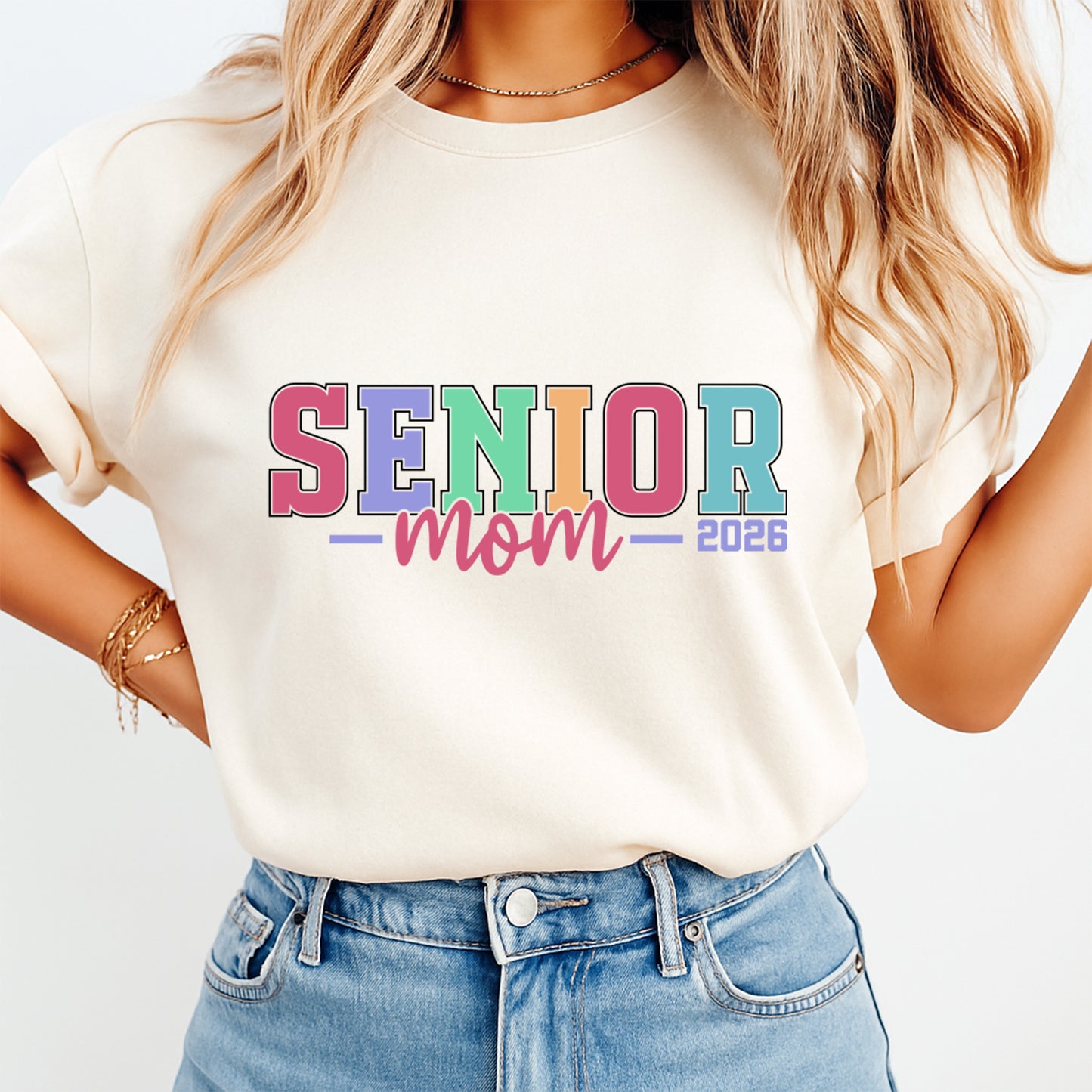 Senior mom 2026 graphic displayed on shirt mockup for graduation season and senior year apparel