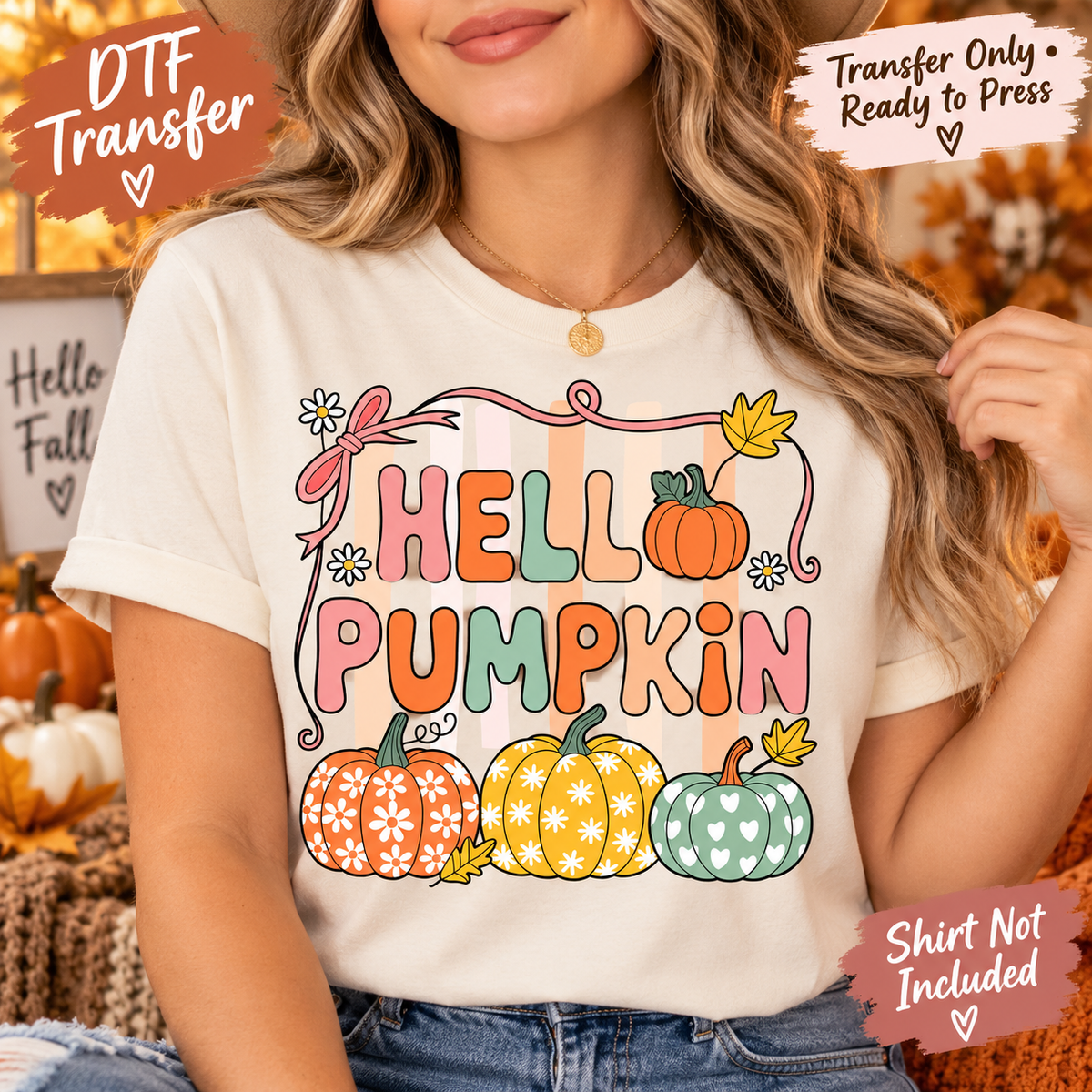 Fall Hello Pumpkin Pastel Lettering DTF Transfer - Ready to Press shirt mock up