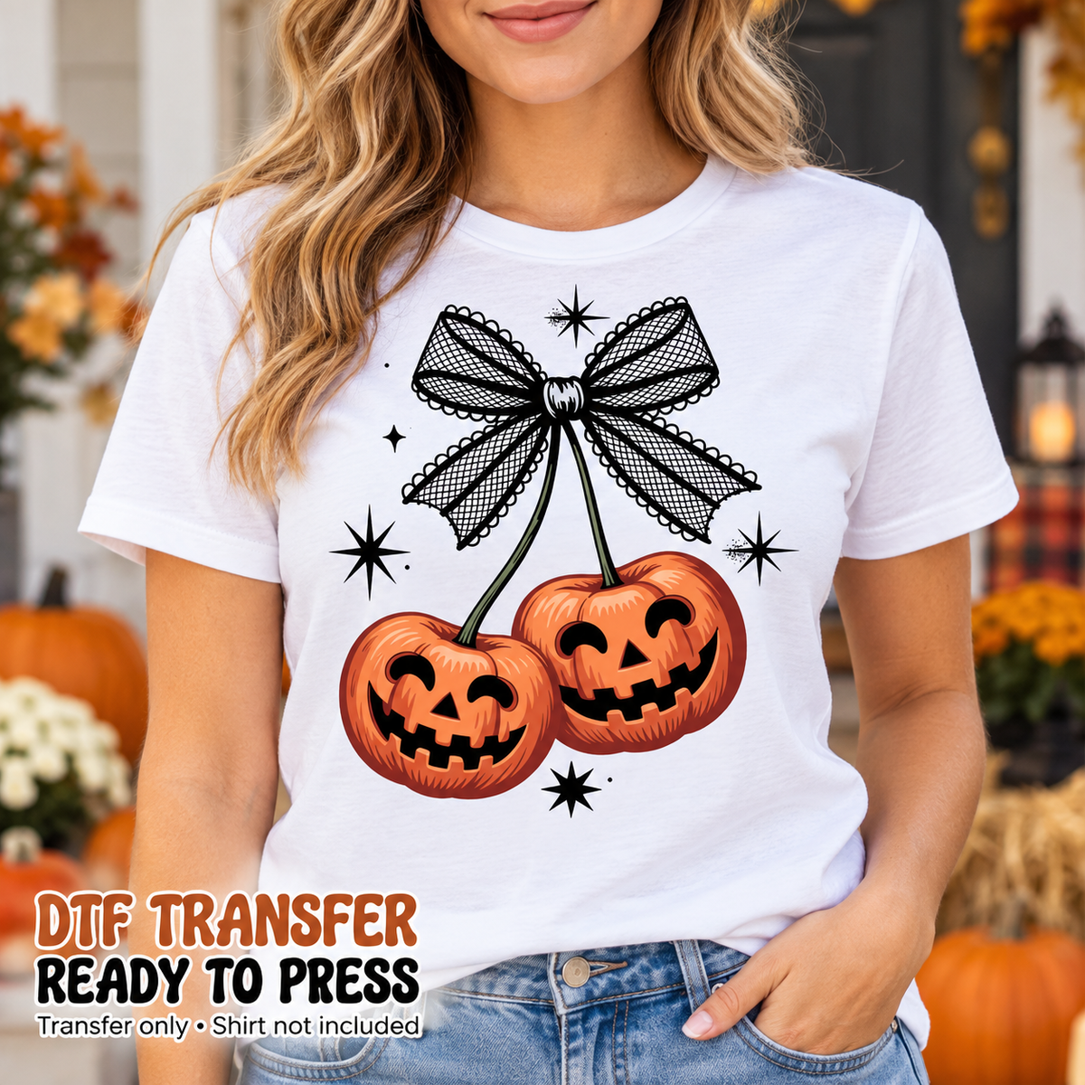 Halloween Jack-O-Lantern Cherry Bow DTF Transfer - Ready to Press shirt mock up